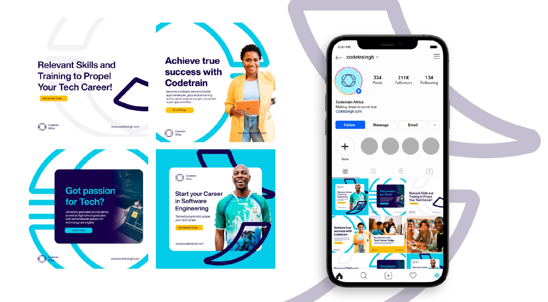Codetrain Africa social media campaign designs and Instagram feed by Brainstorm Africa