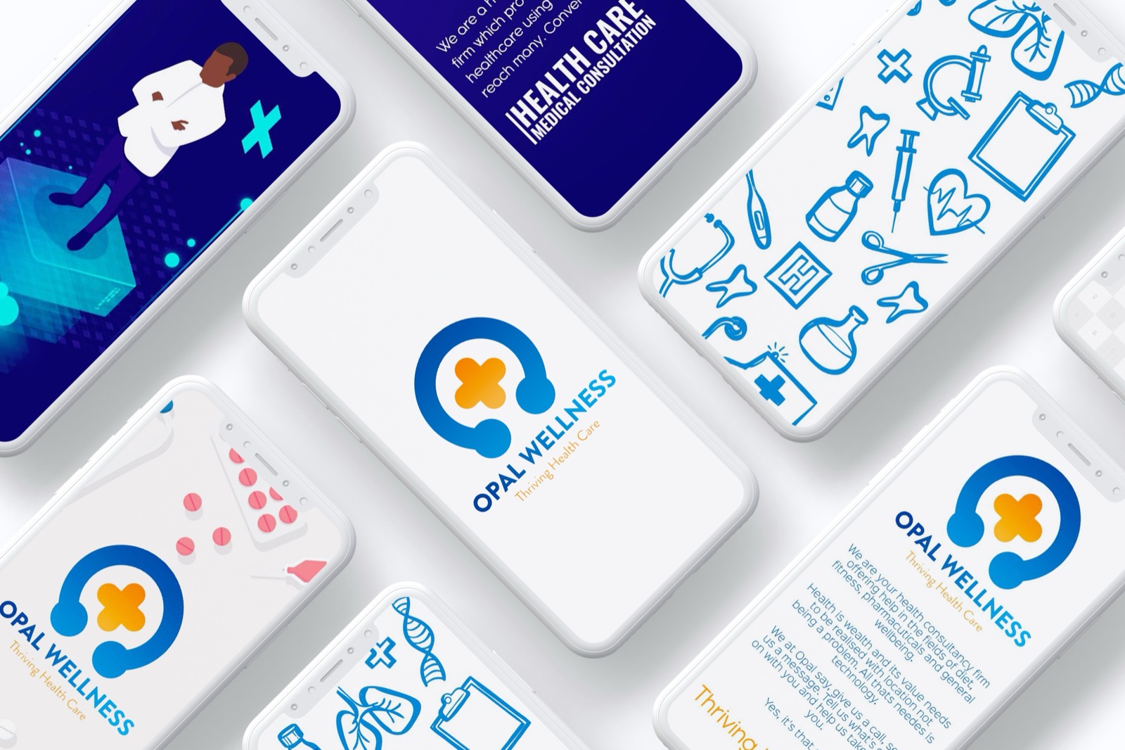 The Opal Wellness identity shown across a grid of phone screens with the logo and medical icon set