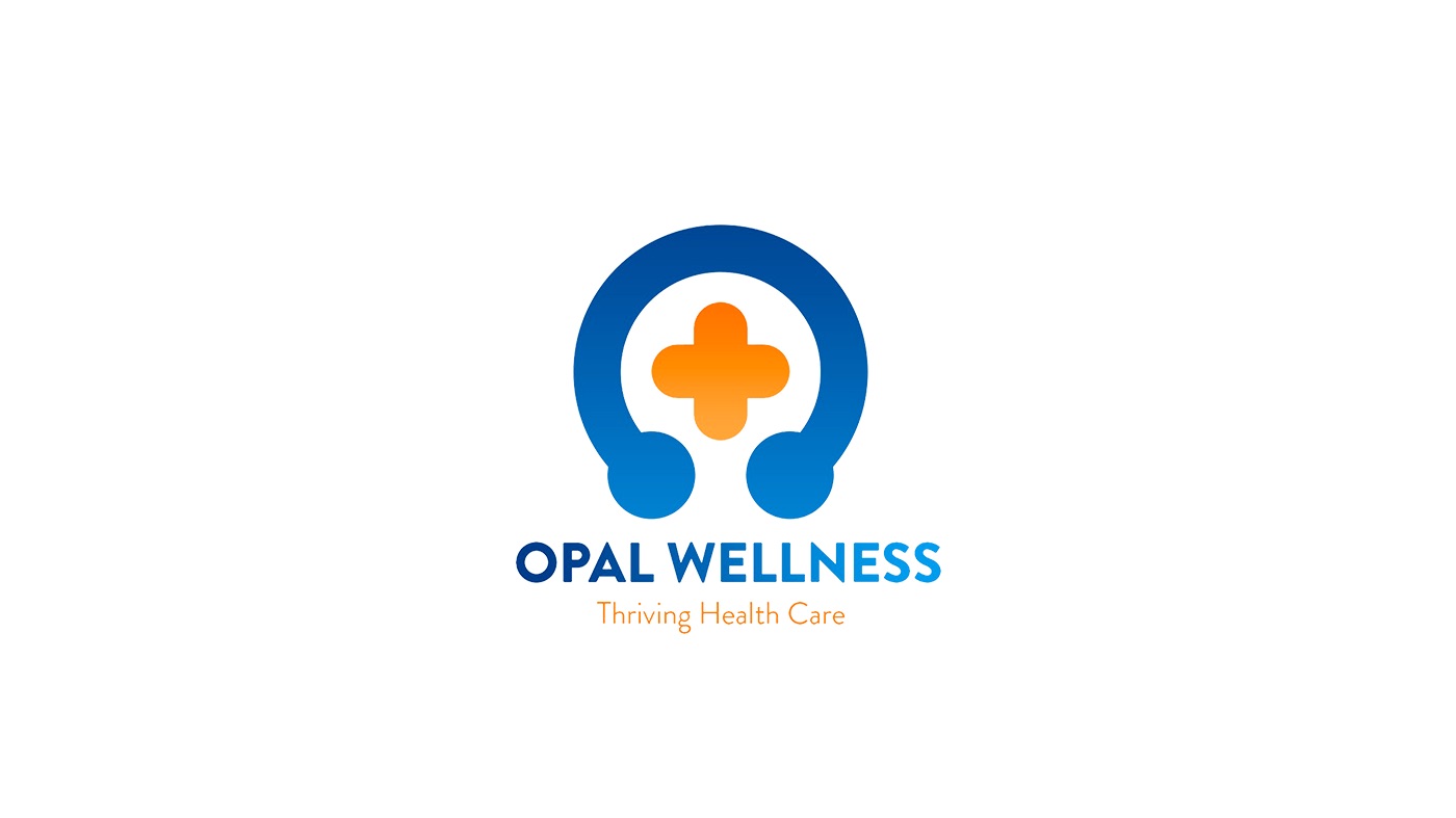 The Opal Wellness logo: a headset wrapping an orange medical cross above the tagline Thriving Health Care