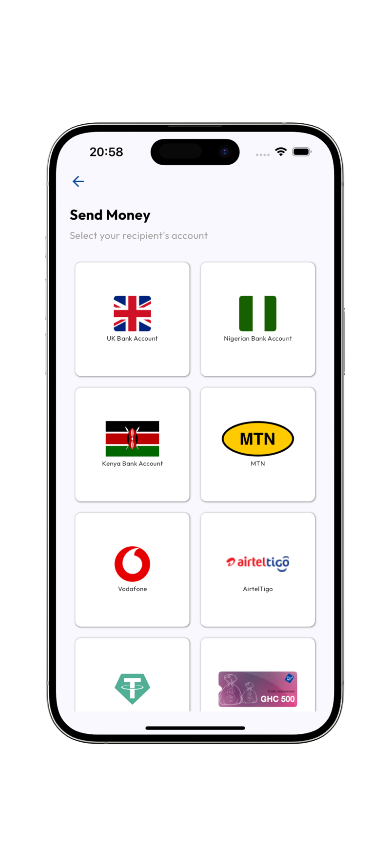 Pay Up app send money screen with UK, Nigeria and mobile money options