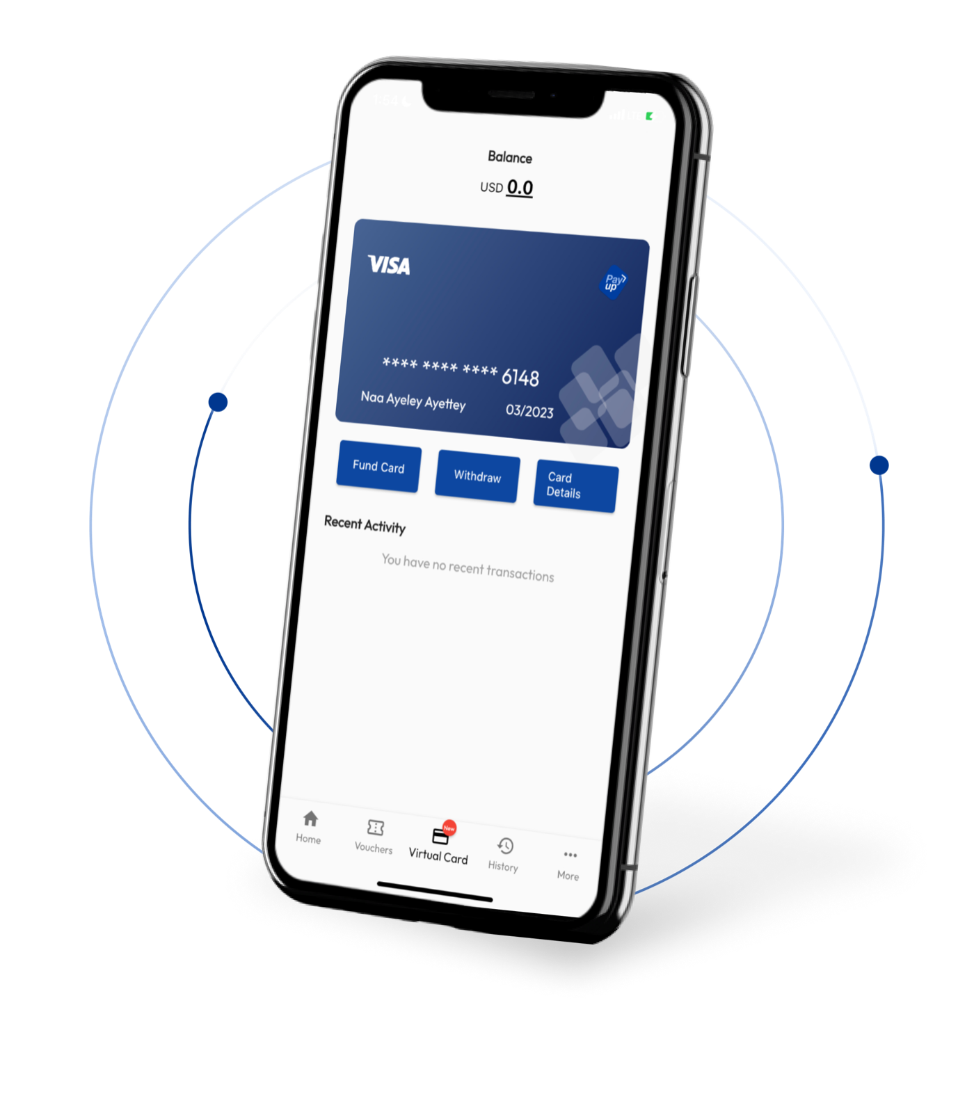 Pay Up virtual Visa card feature in the fintech app