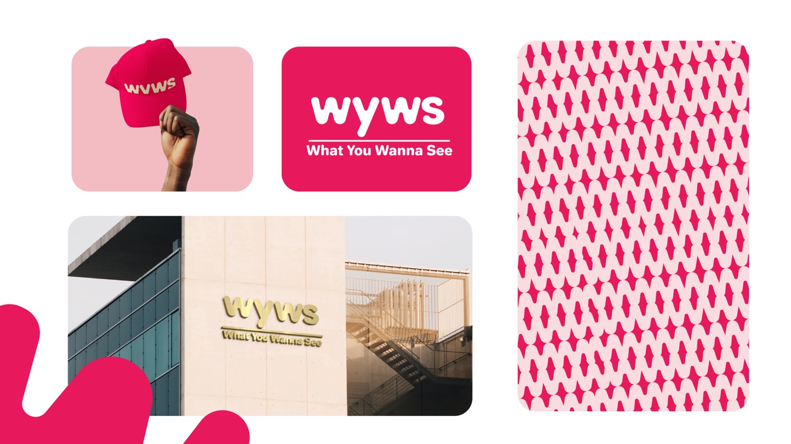 WYWS brand applications: an embroidered cap, building signage and the pink eye pattern