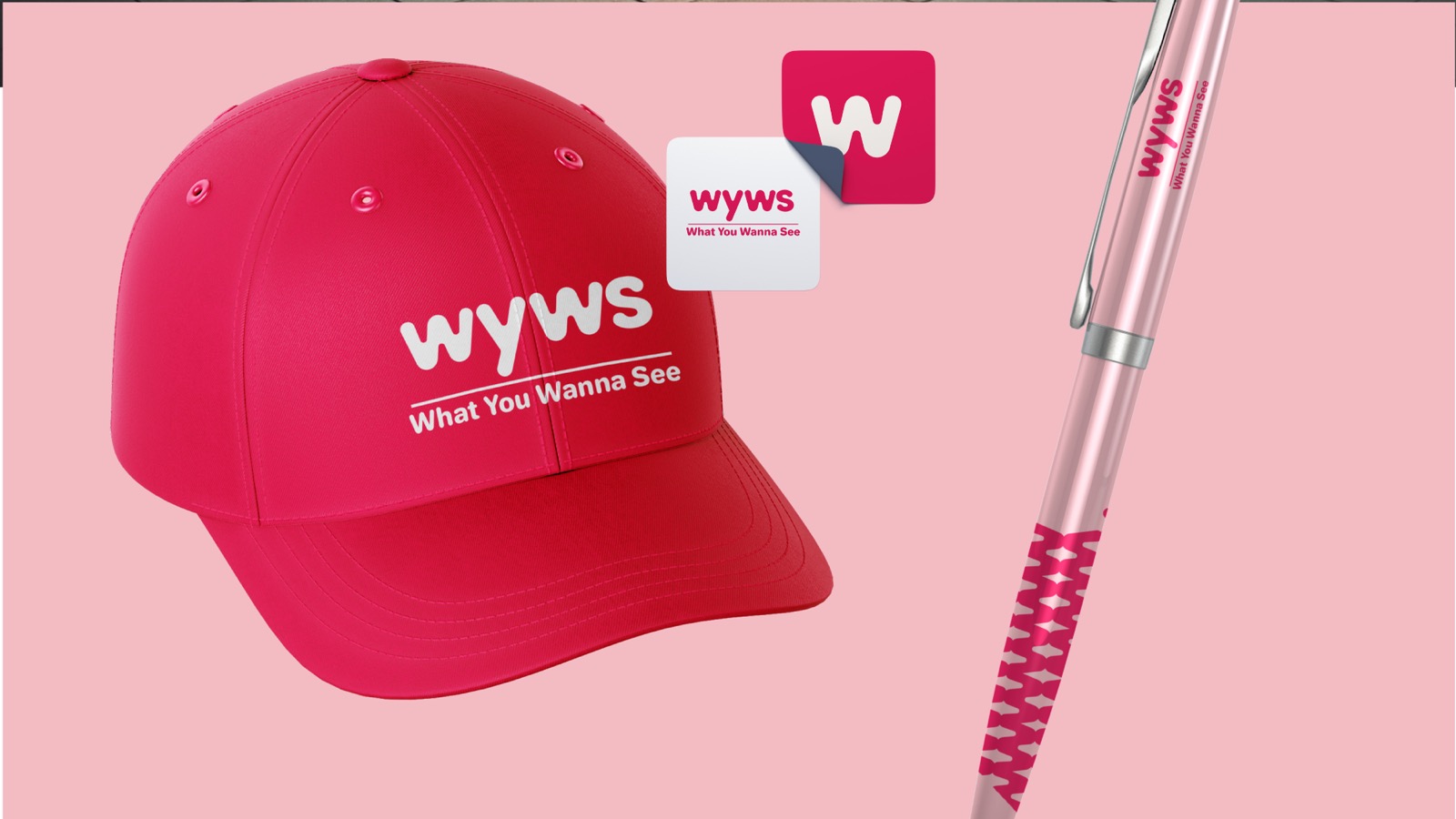 WYWS cap, branded pen and app icons in hot pink