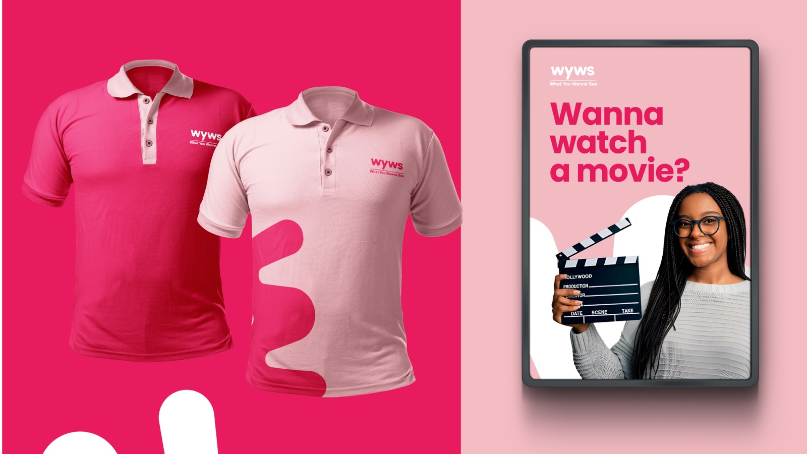 WYWS branded polo shirts beside a Wanna watch a movie poster featuring a woman holding a clapperboard