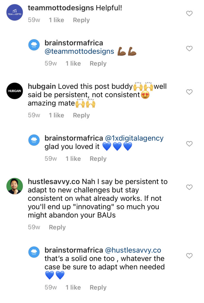 screenshot of our instagram comments section